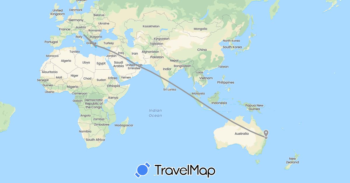 TravelMap itinerary: plane, boat in United Arab Emirates, Australia, Greece, Croatia (Asia, Europe, Oceania)